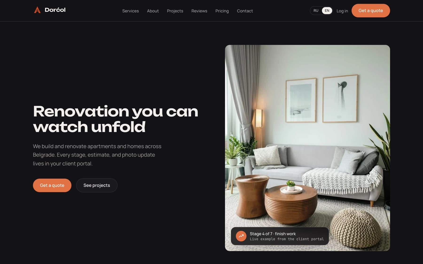 Dorćol homepage with the dark brand theme and a live project-status widget