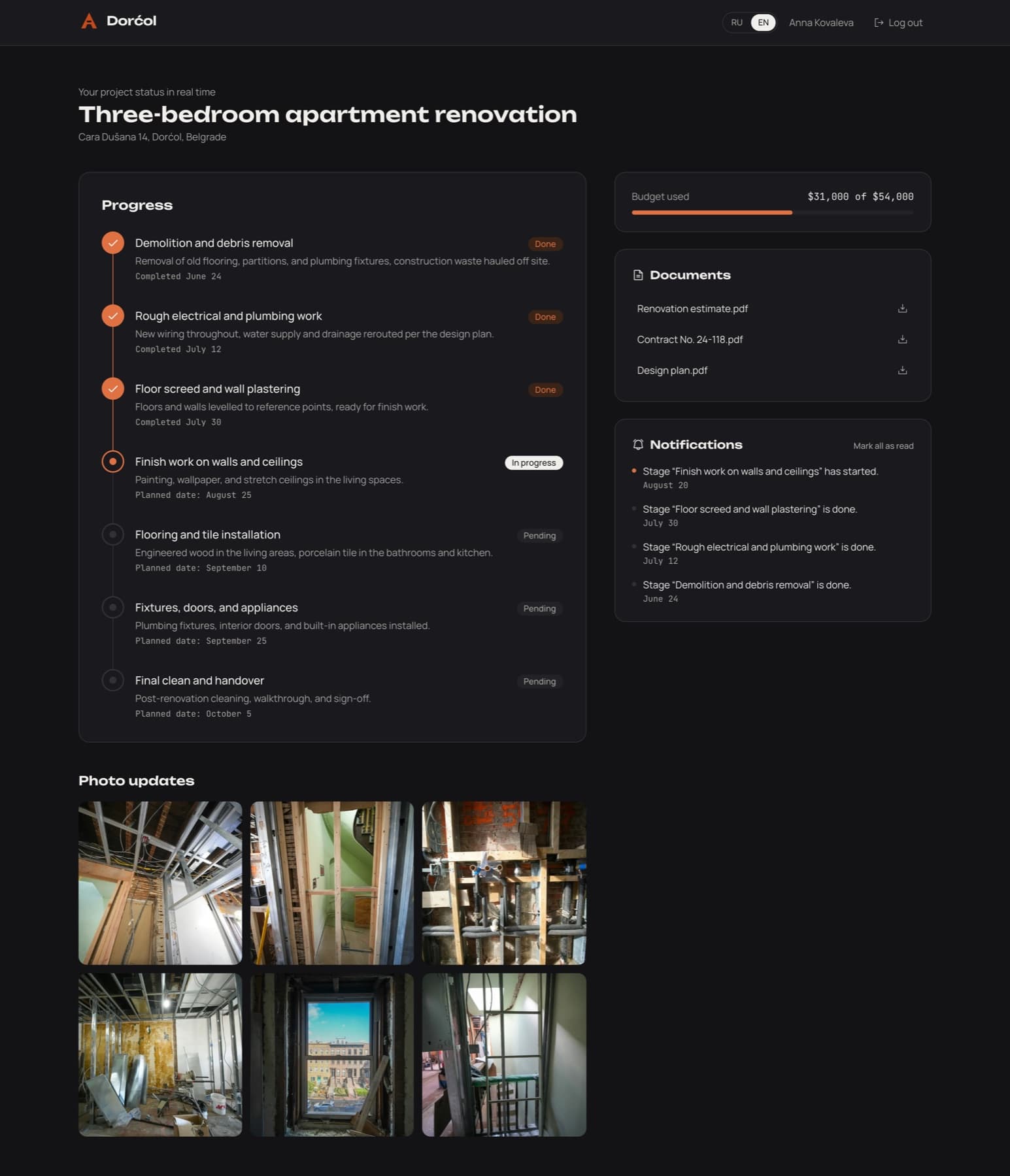 Client portal: renovation stage timeline, budget spent, documents, and site photo reports