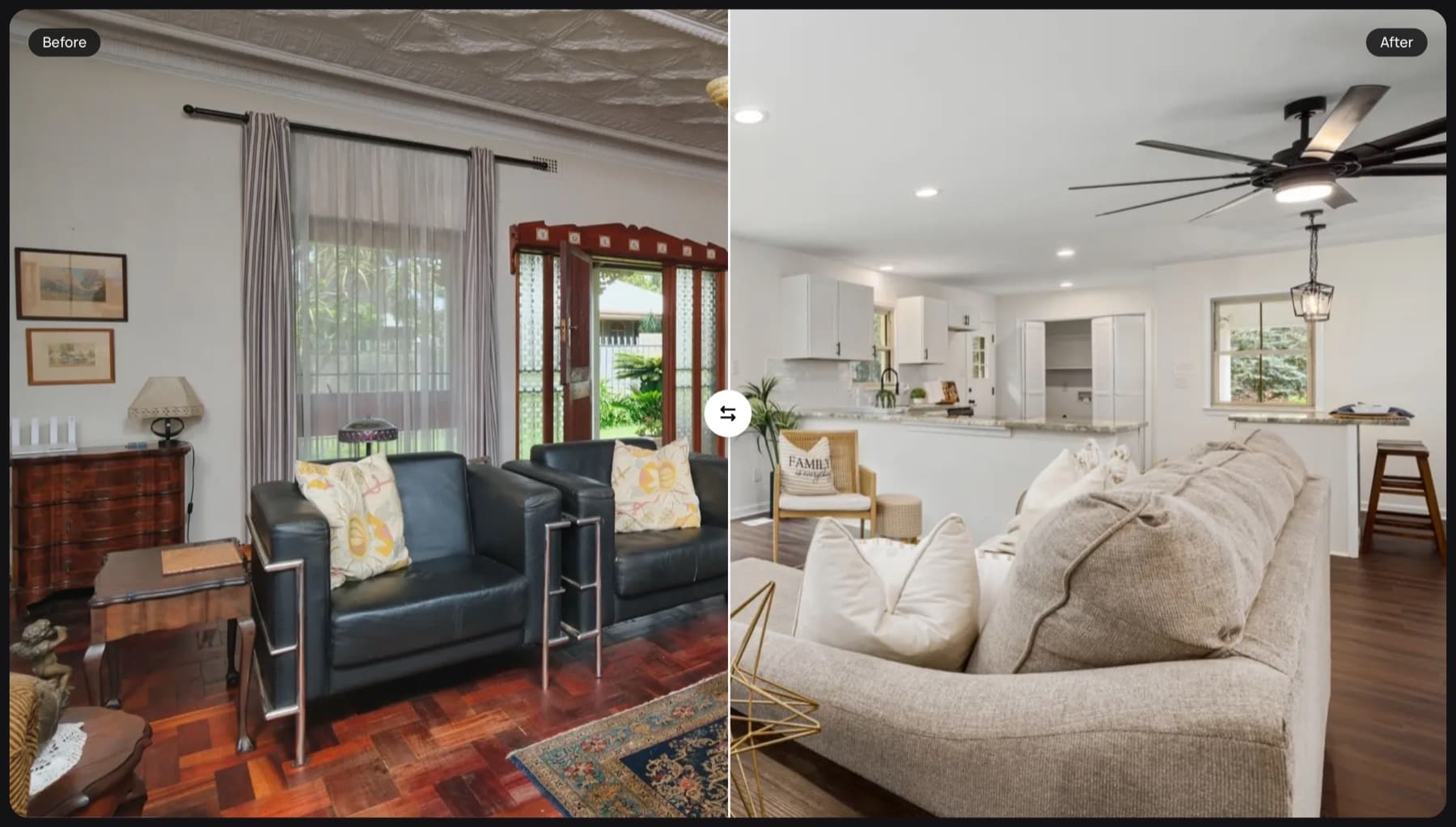 Interactive before/after slider on a completed renovation project's page