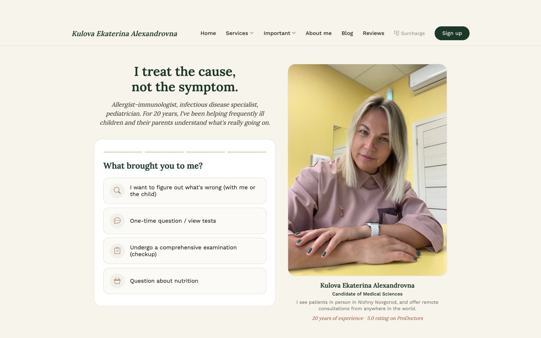 Doctor's homepage with a "What brings you here?" block instead of a standard booking form