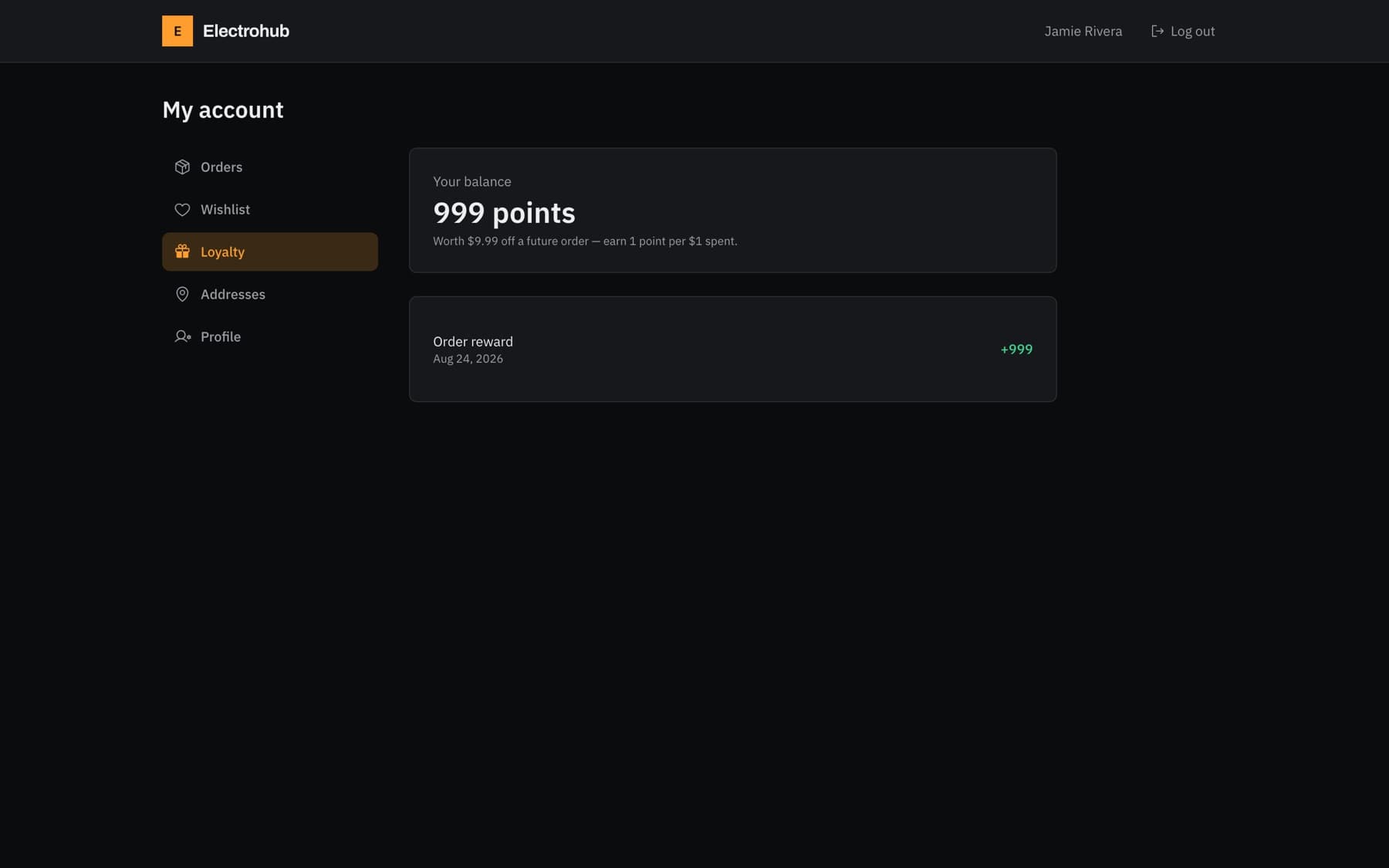 Customer loyalty points section with balance and earning history