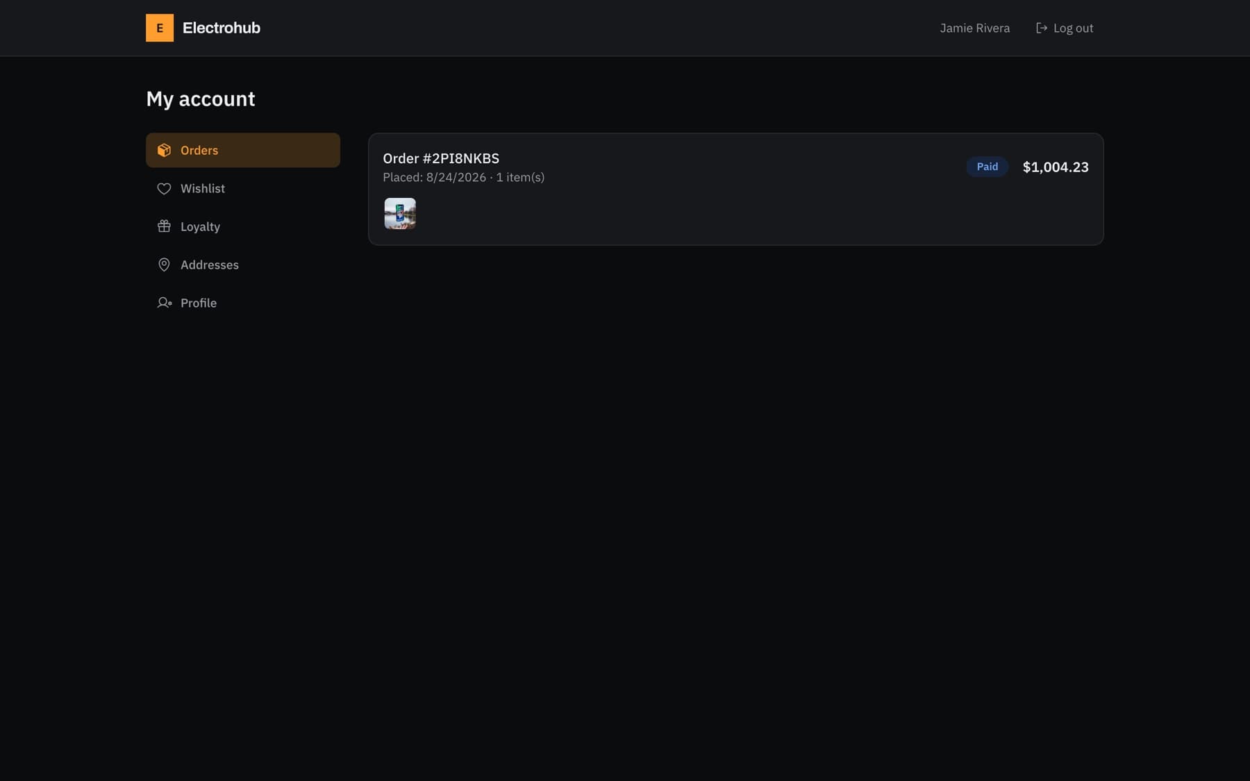 Order history in the customer account with amount and payment status