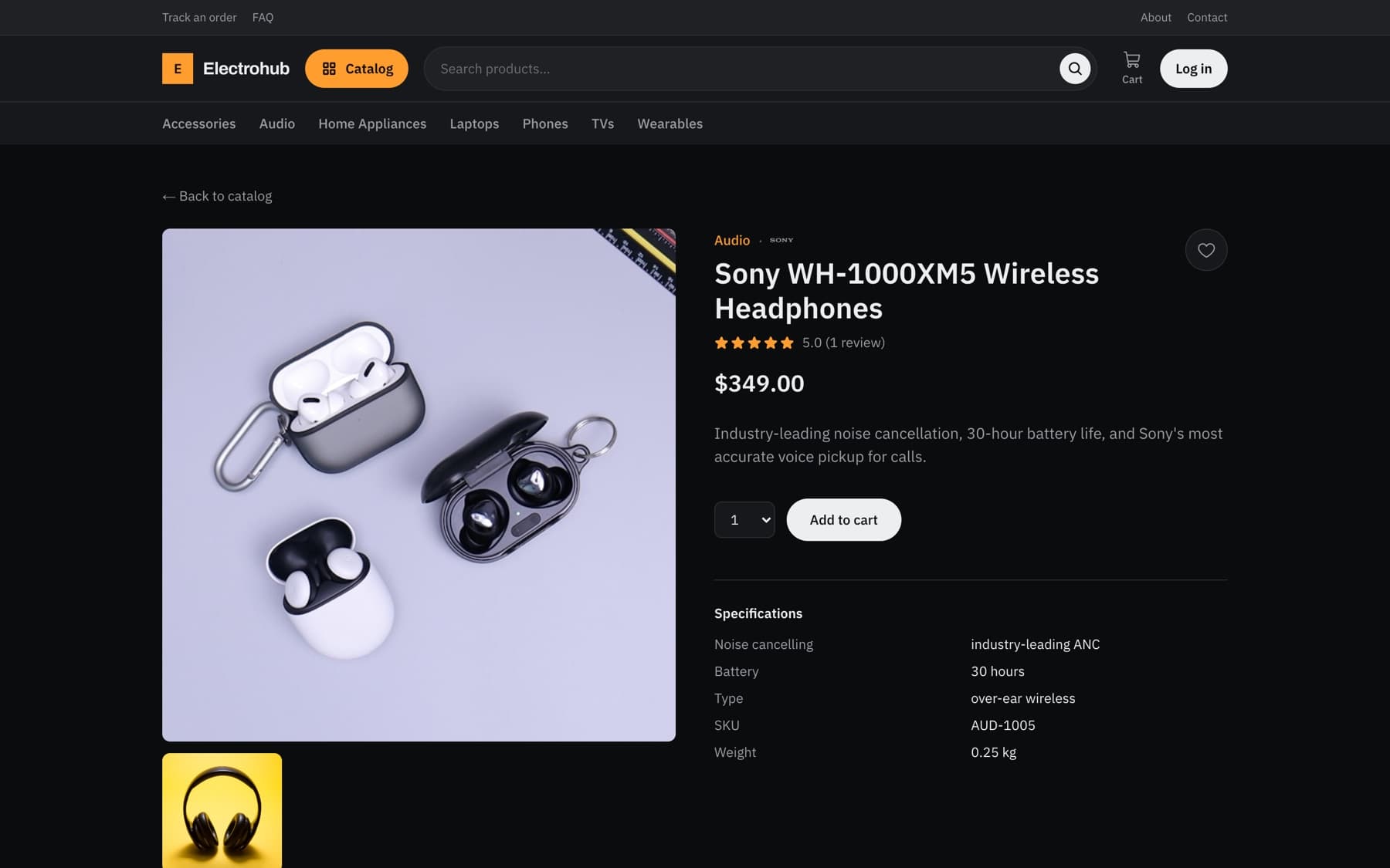 Product page with price, rating, specs, and an add-to-cart button
