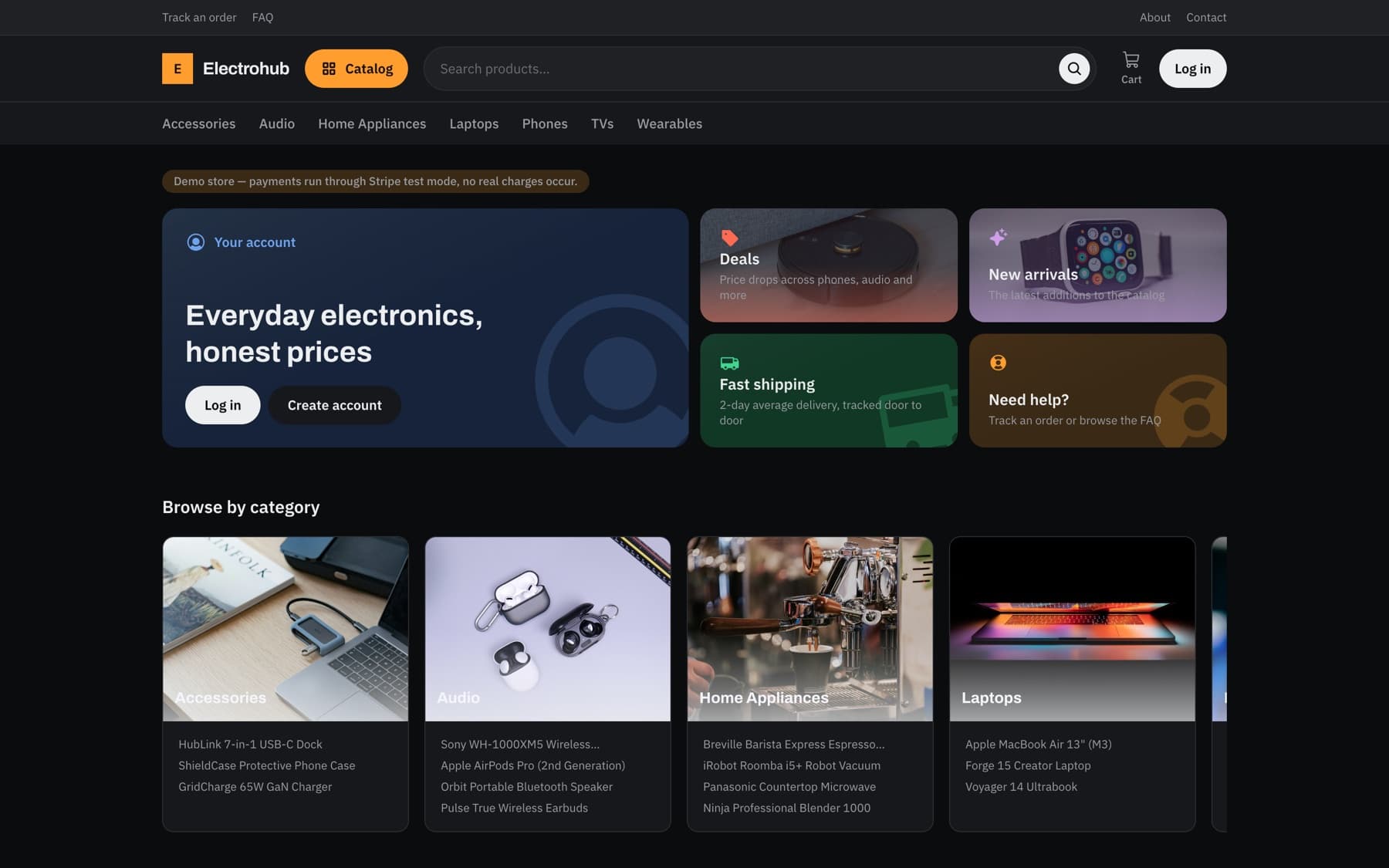 Electrohub catalog homepage with categories and product picks