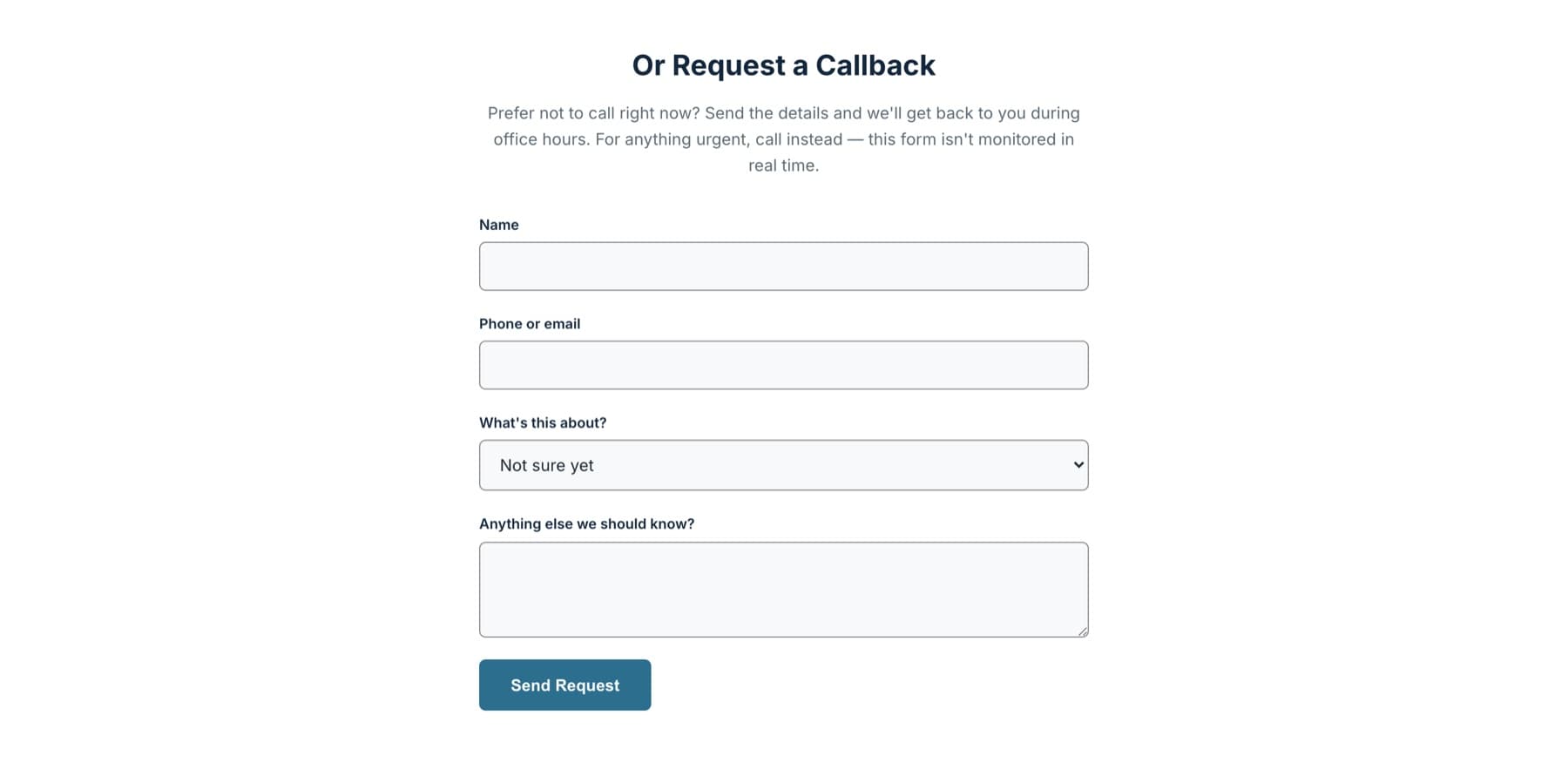 Simple callback request form with name, contact, and topic