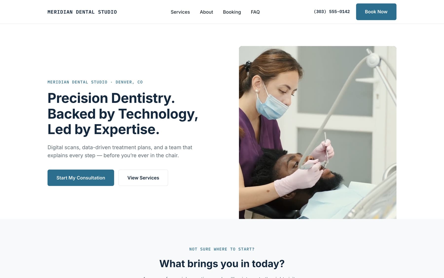 Meridian Dental Studio homepage on a light theme