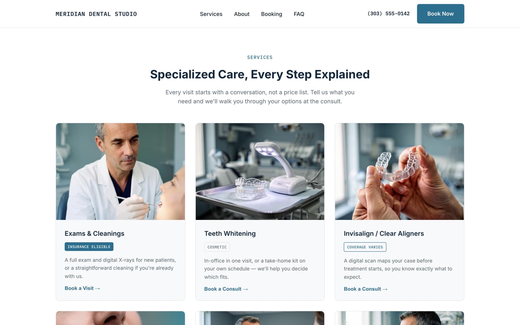 Services page with insurance-coverage notes on each service